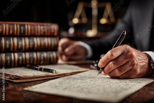 An experienced advocate meticulously drafting a legal document using a fountain pen with law books and justice scale in background