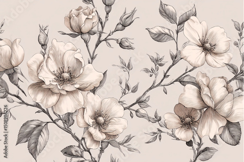 Detailed floral drawing featuring blooming roses with leaves and buds on a light background style image