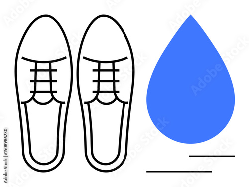 Two simplistic leather shoes with a blue water droplet signify waterproof capabilities. Ideal for product advertisement, durability highlight, fashion safety, sustainability, shopping, footwear care
