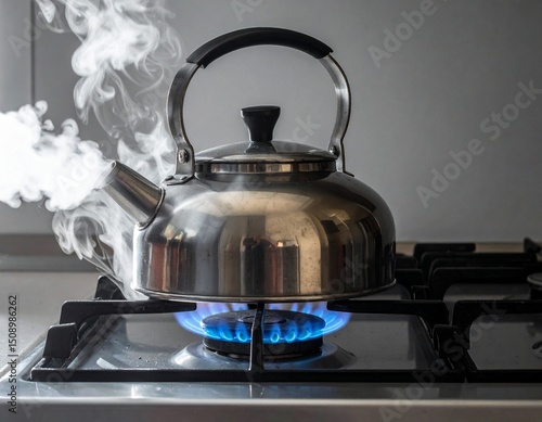 Boiling kettle on a stove: A steamy kettle boils vigorously on a stovetop, emitting a cloud of vapor into the air, capturing a moment of everyday domesticity.