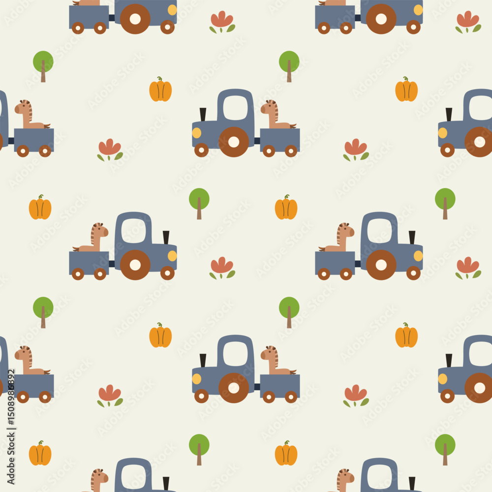Fototapeta premium Tractor truck horse cartoon so cute. On tree flower pumpkin background. Pattern seamless vector illustration. 