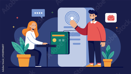 A bank customer using their fingerprint on a biometric sensor instead of a PIN to access their account.. Vector illustration