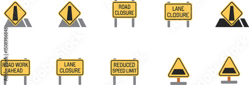 "Set of yellow road work and lane closure warning signs icons isolated on white background for traffic safety alerts"

flat vector illustration