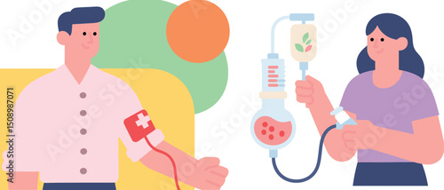 Healthcare donation concept with blood transfusion and IV therapy illustration, medical support, patient care, and health treatment flat vector illustration design