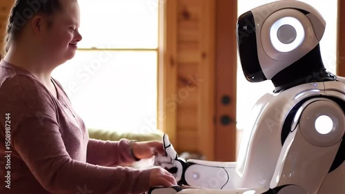 Woman with Down Syndrome Interacting with a Social Robot
