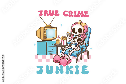 Tableau sur toile True Crime Junkie - Cartoon skeleton watching tv, eating fries and drinking Illu