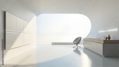 Modern Minimalist Interior with Curved Window and Chair