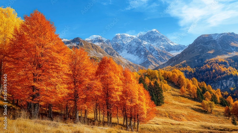 Fototapeta premium Autumnal trees on a hillside with snow-capped mountains.