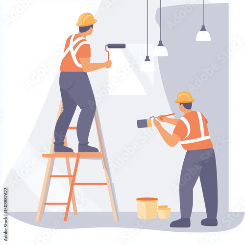 Workers painting walls indoors during renovation, construction scene with safety gear and teamwork.


