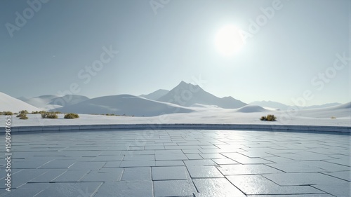  Snowy Landscape with Sunlit Tile Floor and Distant Mountains