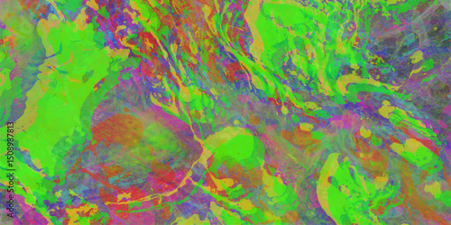 Abstract artwork displaying a colorful swirl of paint featuring green hues blended with other vibrantly toned colorations and textured characteristics