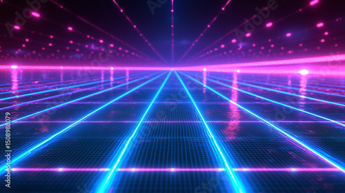 Wallpaper Mural Neon Grid with Vibrant Lights in a Futuristic Digital Landscape Torontodigital.ca