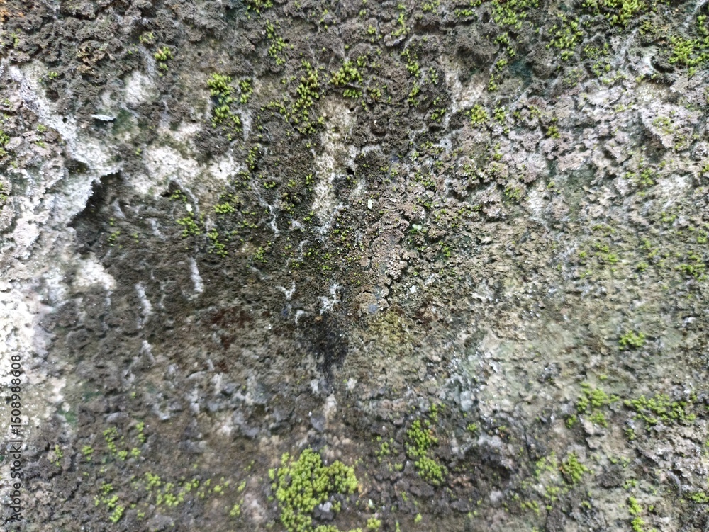 Obraz premium Rough Wall Texture with Green Moss Patches. Rough, weathered wall surface with patches of moss and lichen, perfect for textures, backgrounds, or design elements