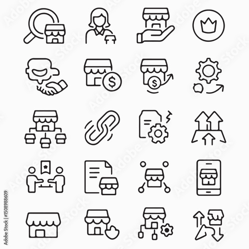 Chain store line icon set. Franchise, brand, consumer, trade mark, market, retail, public catering market, distribution and more. Outline vector icon in linear style. Pictogram collection