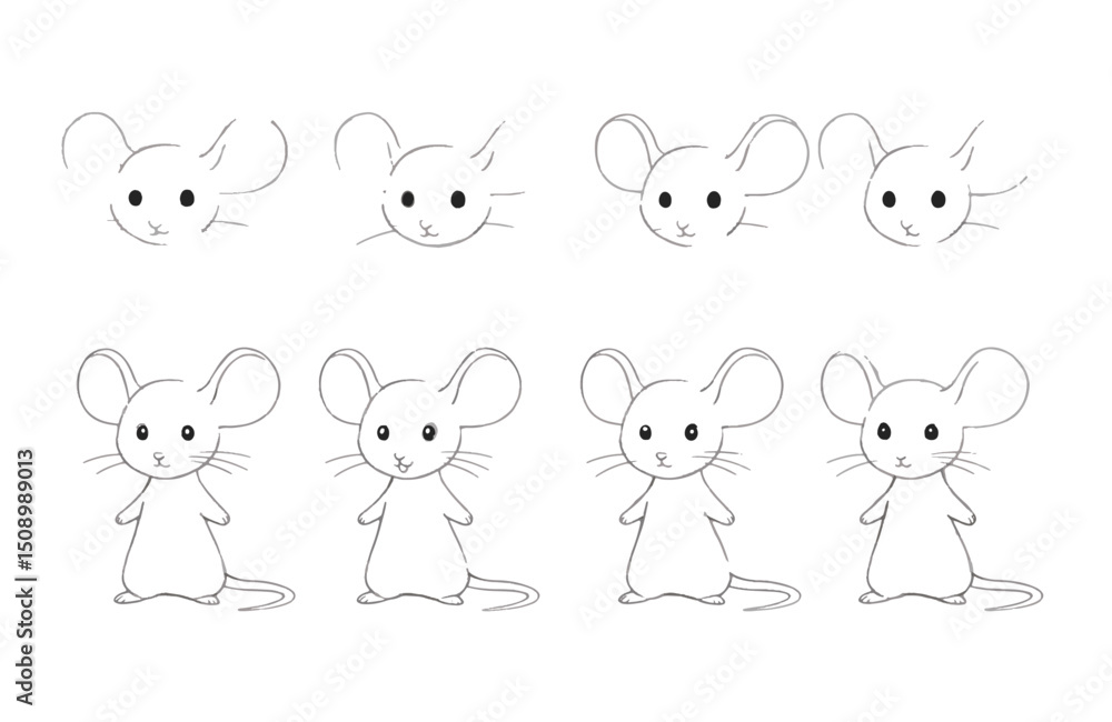 Naklejka premium Learn to Draw Cute Mice Step-by-Step Guide for Beginners. Easy Mouse Drawing Tutorial for Kids and Adults