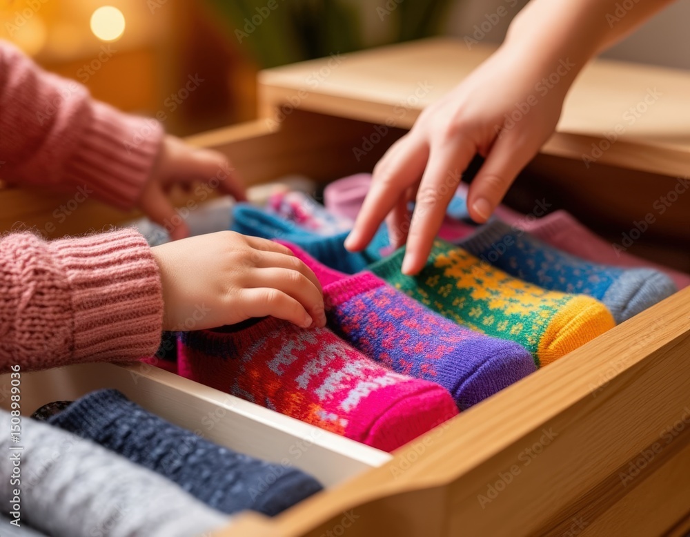 Fototapeta premium Parent and child picking socks from a drawer.