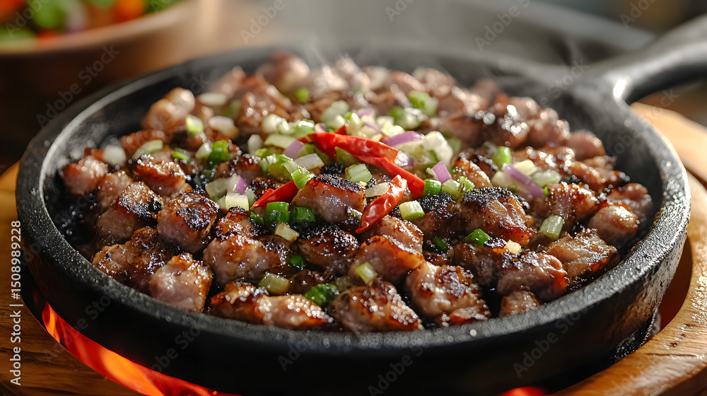 A mouth-watering Filipino pork sisig served sizzling on a fiery cast iron platter. The savory dish is crowned with vibrant chopped onions and fiery chili, delivering an unforgettable burst of flavor. A mouth-watering Filipino pork sisig served sizzling on a fiery cast iron platter. The savory dish is crowned with vibrant chopped onions and fiery chili, delivering an unforgettable burst of flavor.