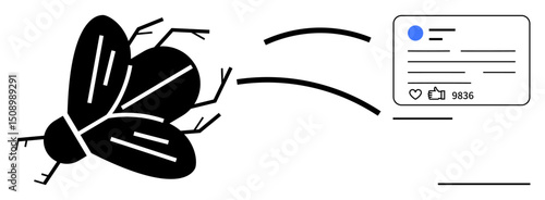 A fly flying toward a social media post interface with engagement icons, merging natural life with digital themes. Ideal for digital trends, internet use, humor, social influence, critiquing online