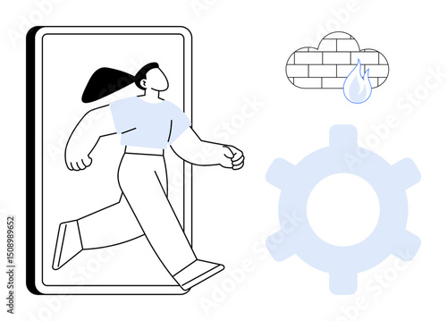 Woman exiting smartphone, cloud with water droplet, and gear representing digital transformation. Ideal for technology, innovation, progress, mobility, cloud computing automation creativity. Flat