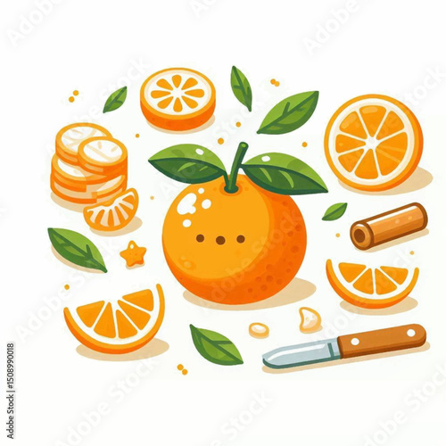 Orange with leaves slices cinnamon  a knife arranged on a white background