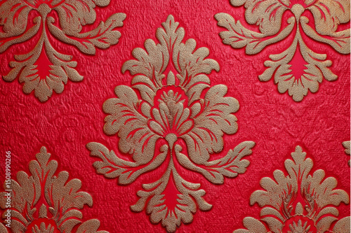 Close up of red textured wallpaper with gold floral damask pattern design in a repeating arrangement