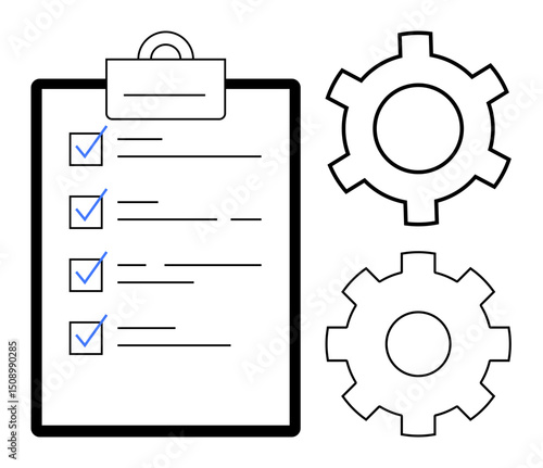 Clipboard with checklist and checkmarks alongside two gears, symbolizing task management, process improvement, and teamwork productivity. Ideal for workflow, planning, project management, strategy
