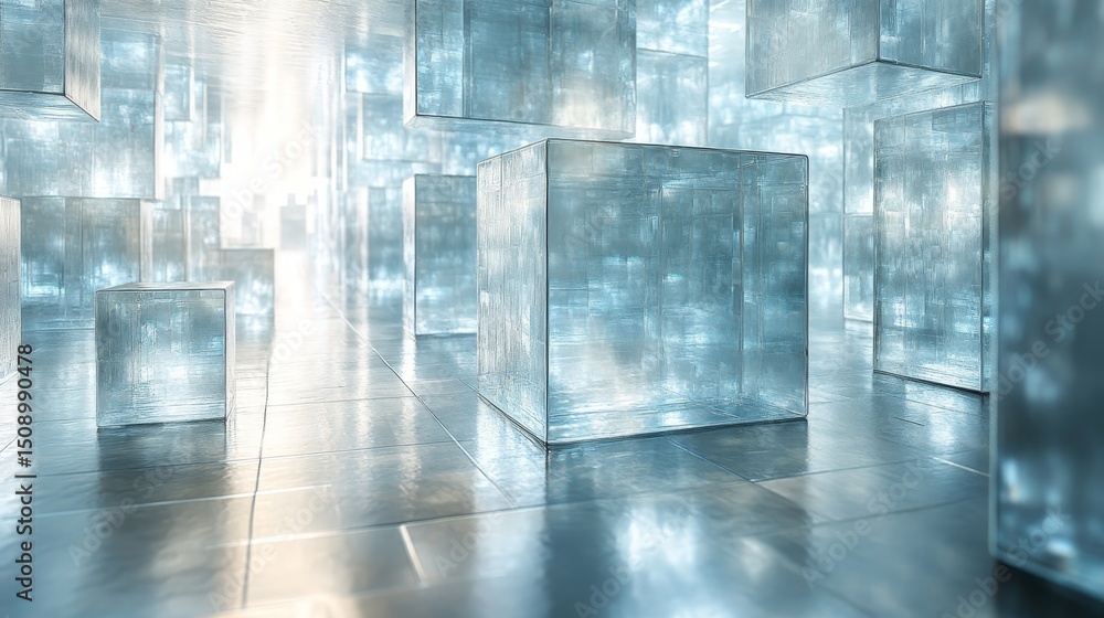 Fototapeta premium A reflective, geometric maze made of abstract blocks. 