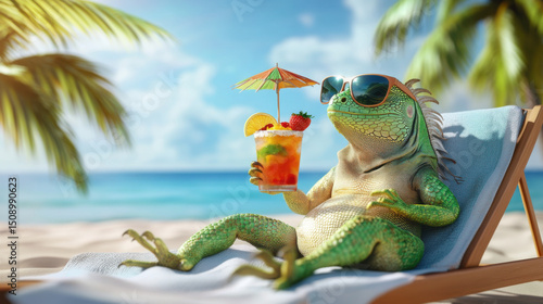 A cool iguana sunbathing on a tropical beach