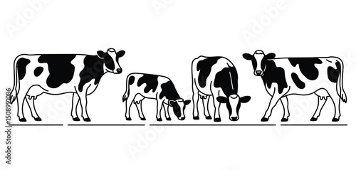 Black and White Cows and Calf Illustration