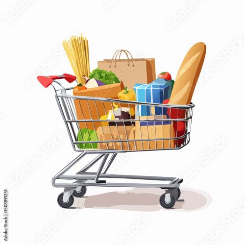 3D Vector Shopping Cart Filled with Products for E-commerce and Retail