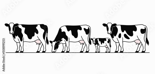 Three Holstein Cows and Calf Illustration