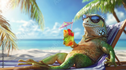 A cool iguana sunbathing on a tropical beach