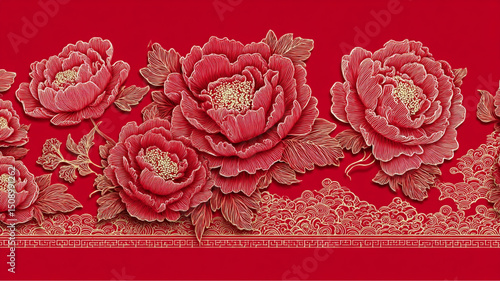 Red background with a pattern of large red and gold flowers and a decorative border at the bottom