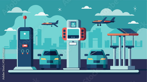 A display of different futuristic charging stations for air taxis including solarpowered and wireless charging options.. Vector illustration