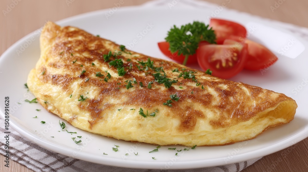 Frontal closeup of a freshly cooked omelette with herbs on a white plate on a clean tabletop with copy space Frontal closeup of a freshly cooked omelette with herbs on a white plate on a clean tabletop with copy space