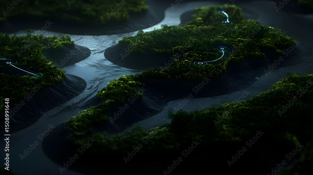 Fototapeta premium Abstract Dark Green Landscape With Glowing Details