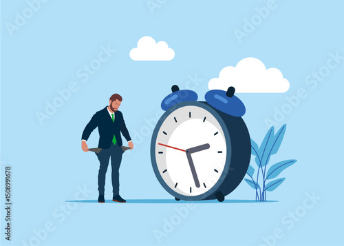 Financial debt. Upset businessman showing empty pockets with no money. Broke businessman. Financial crisis in tax. Loan repayment, installment plan. Agreement borrow money from bank, mortgage, debt
