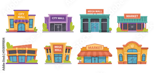 Eight Colorful Flat Style City Mall and Market Building Illustrations