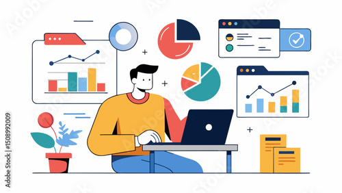 A designer pours over charts and graphs carefully studying consumer purchasing patterns to inform the creation of a new product line for a retail company.. Vector illustration