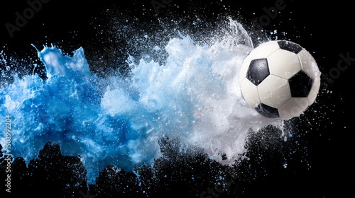Dynamic black and white soccer ball bursting through blue paint splash with droplets frozen midair against black background, vibrant action shot with copy space