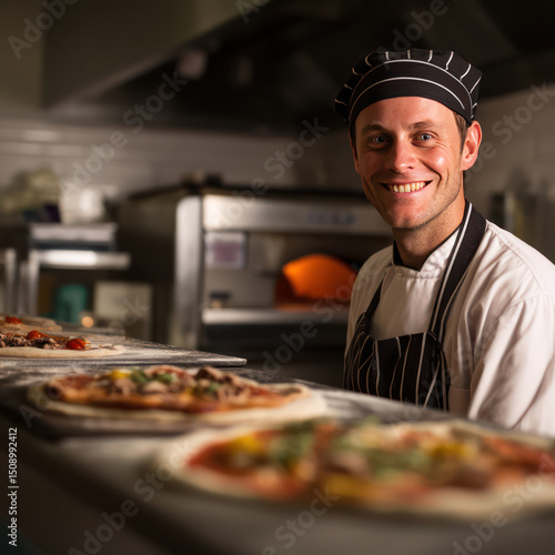 young professional pizza maker smiles confidently in kitchen, surrounded by freshly prepared pizzas ready for baking. His enthusiasm for his craft is evident