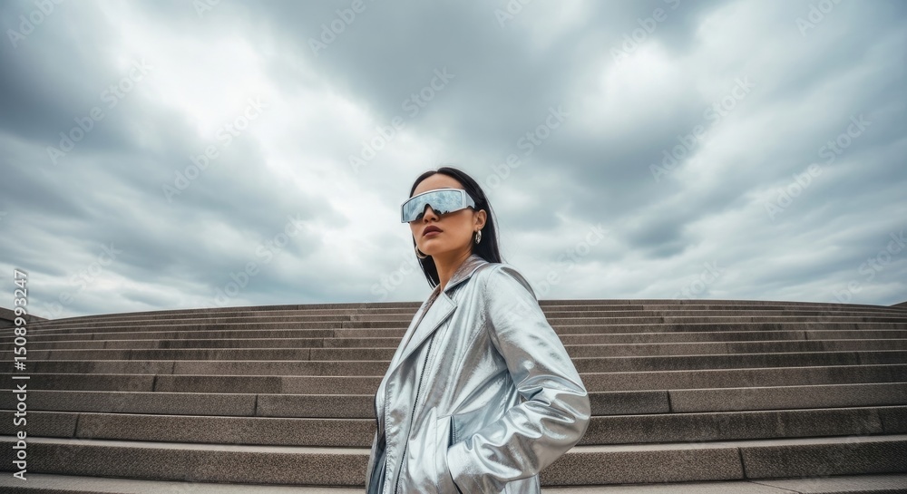 Fototapeta premium Woman in silver jacket and sunglasses stands on outdoor concrete steps against a cloudy sky background. Atmospheric portrait with a focus on fashion and sky.