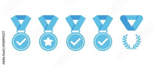 Blue Medal Icons Set Achievement Award Success Check Mark Star