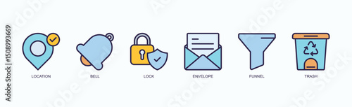 Alerts And Access Icon Set Isolated Vector Illustration Concept With Icon Of Location, Bell, Lock, Envelope, Funnel, Trash In Outline Color Style