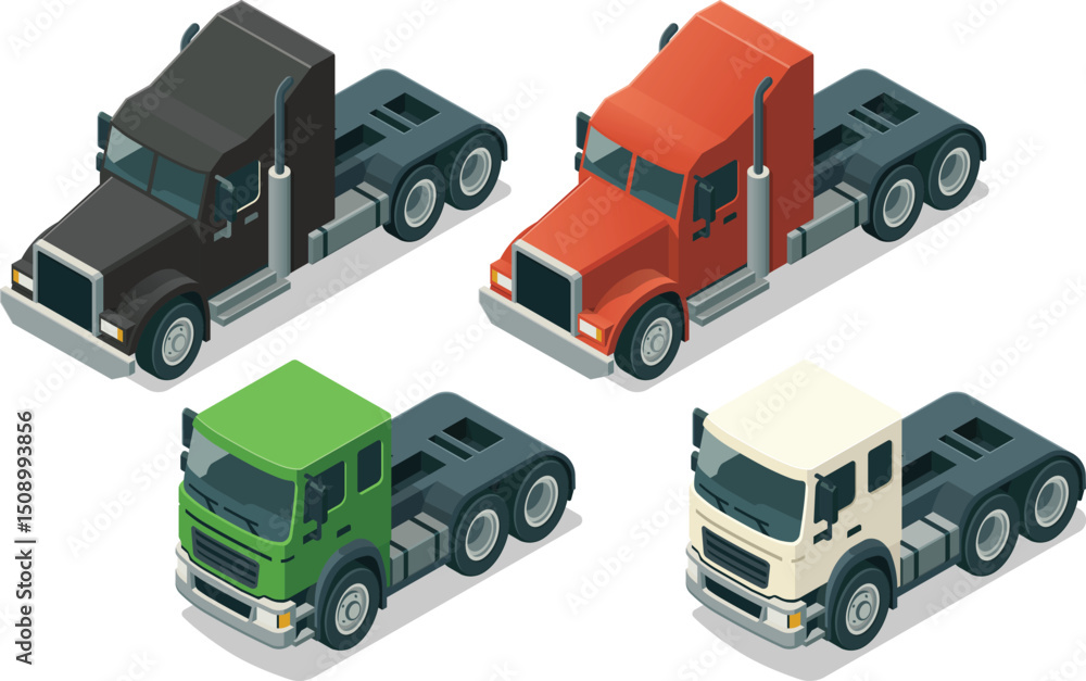 Fototapeta premium Set of isometric semi truck, lorry cab unit