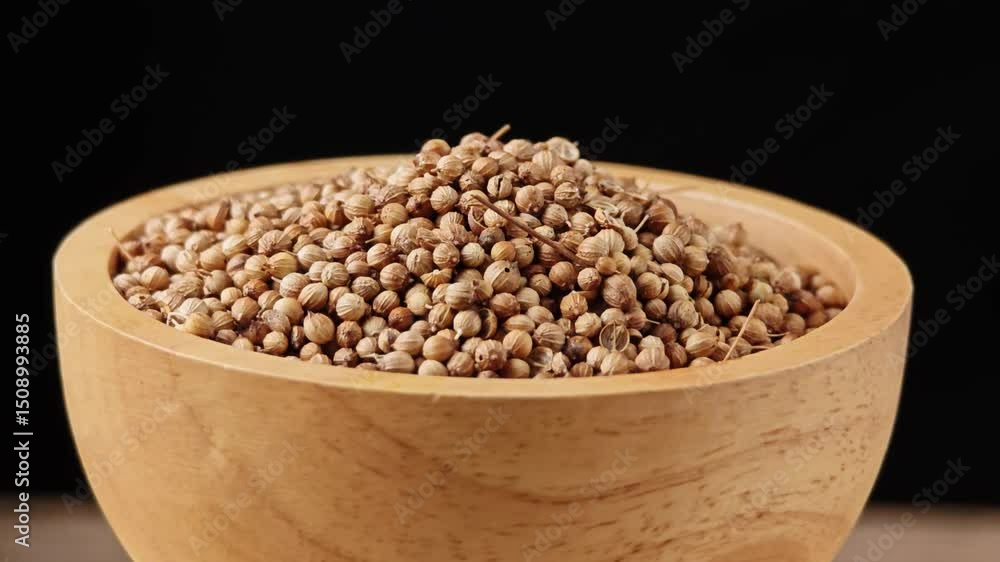 Dried coriander seeds in a wooden bowl Dried coriander seeds in a wooden bowl