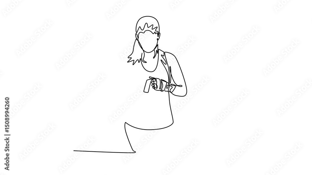 Self drawing animation of single line draw aggressive female boxer ready to exercise with her hands covered in boxing wrap. Active lifestyle, body, strength. Continuous line draw. Full length animated