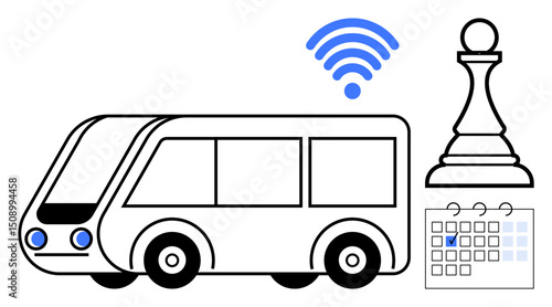 Autonomous bus with wireless, chess pawn symbolizing planning, and marked calendar day. Ideal for transportation, strategy, scheduling, smart mobility, connectivity urban planning innovation. Flat