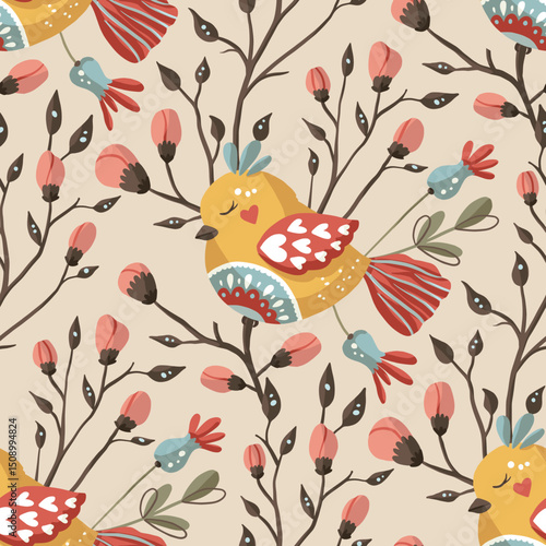 A decorative pattern showcasing birds perched among an array of colorful flowers, set against a soft backdrop