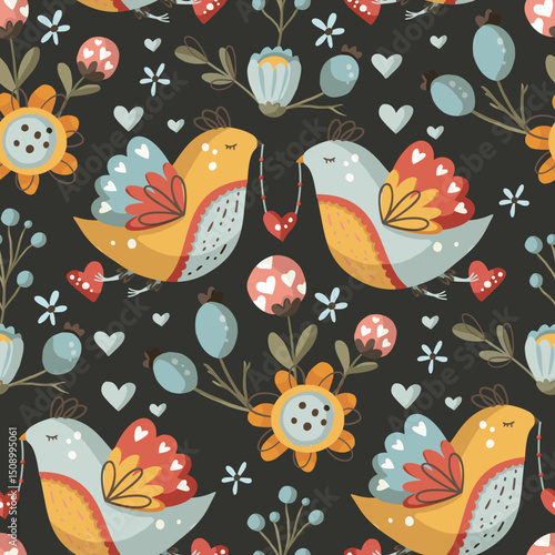 A repeating design of various birds and blooming flowers, creating a lively and cheerful pattern